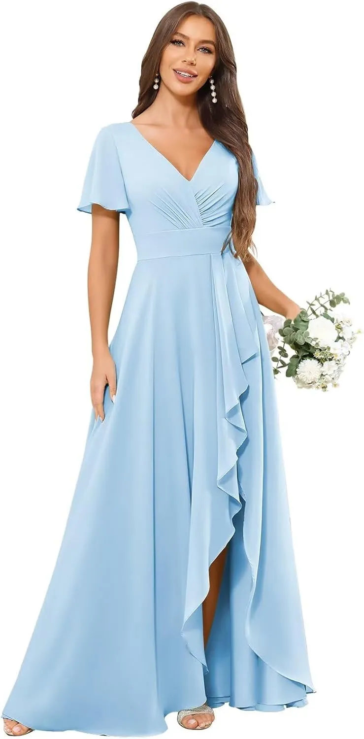 TORYEMY Chiffon Bridesmaid Dresses Long with Sleeves Slit V Neck Ruffle Ruched A Line Formal Evening Dress for Women