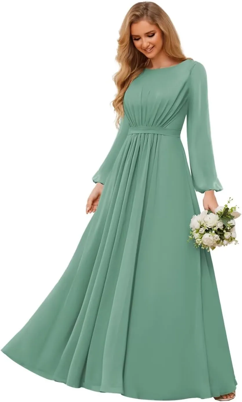 TORYEMY Eucalyptus Bridesmaid Dress Plus Size for Wedding Chiffon Long Sleeve Formal Evening Dresses Ruched Size 16W