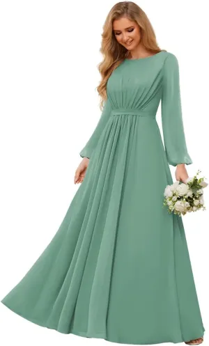 TORYEMY Eucalyptus Bridesmaid Dress Plus Size for Wedding Chiffon Long Sleeve Formal Evening Dresses Ruched Size 16W