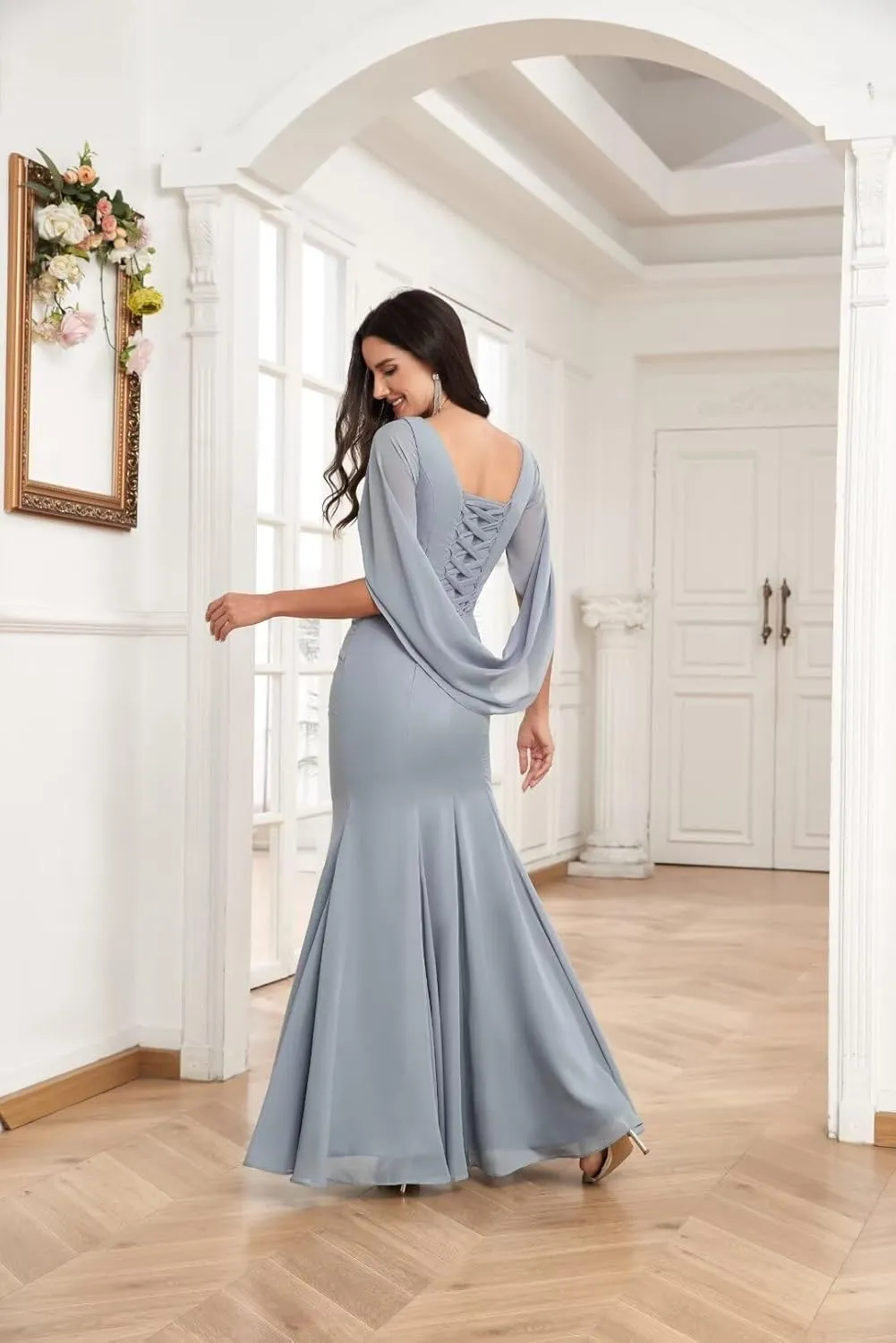 TORYEMY Mermaid Cape Sleeve Mother of The Bride Dresses Long Chiffon Mother of The Groom Dresses for Wedding