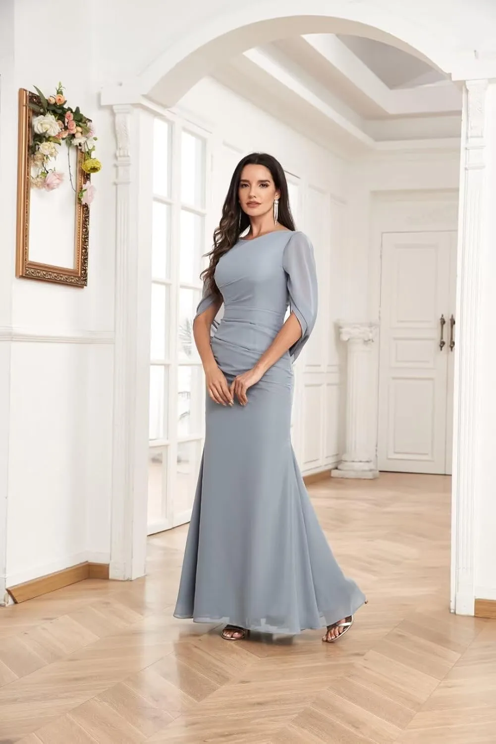 TORYEMY Mermaid Cape Sleeve Mother of The Bride Dresses Long Chiffon Mother of The Groom Dresses for Wedding