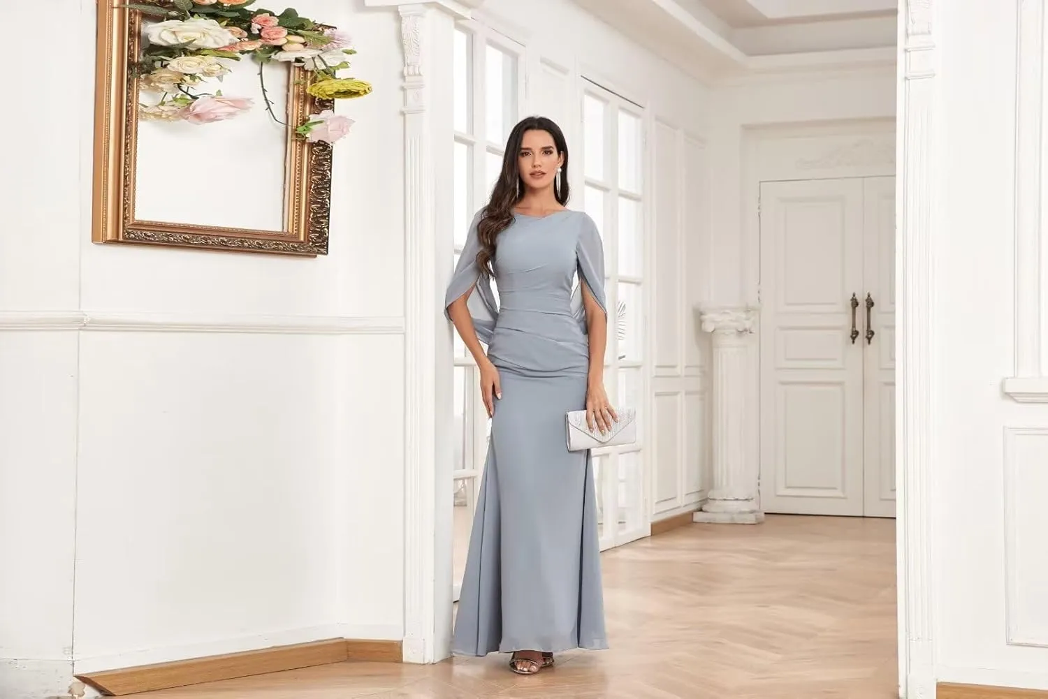 TORYEMY Mermaid Cape Sleeve Mother of The Bride Dresses Long Chiffon Mother of The Groom Dresses for Wedding