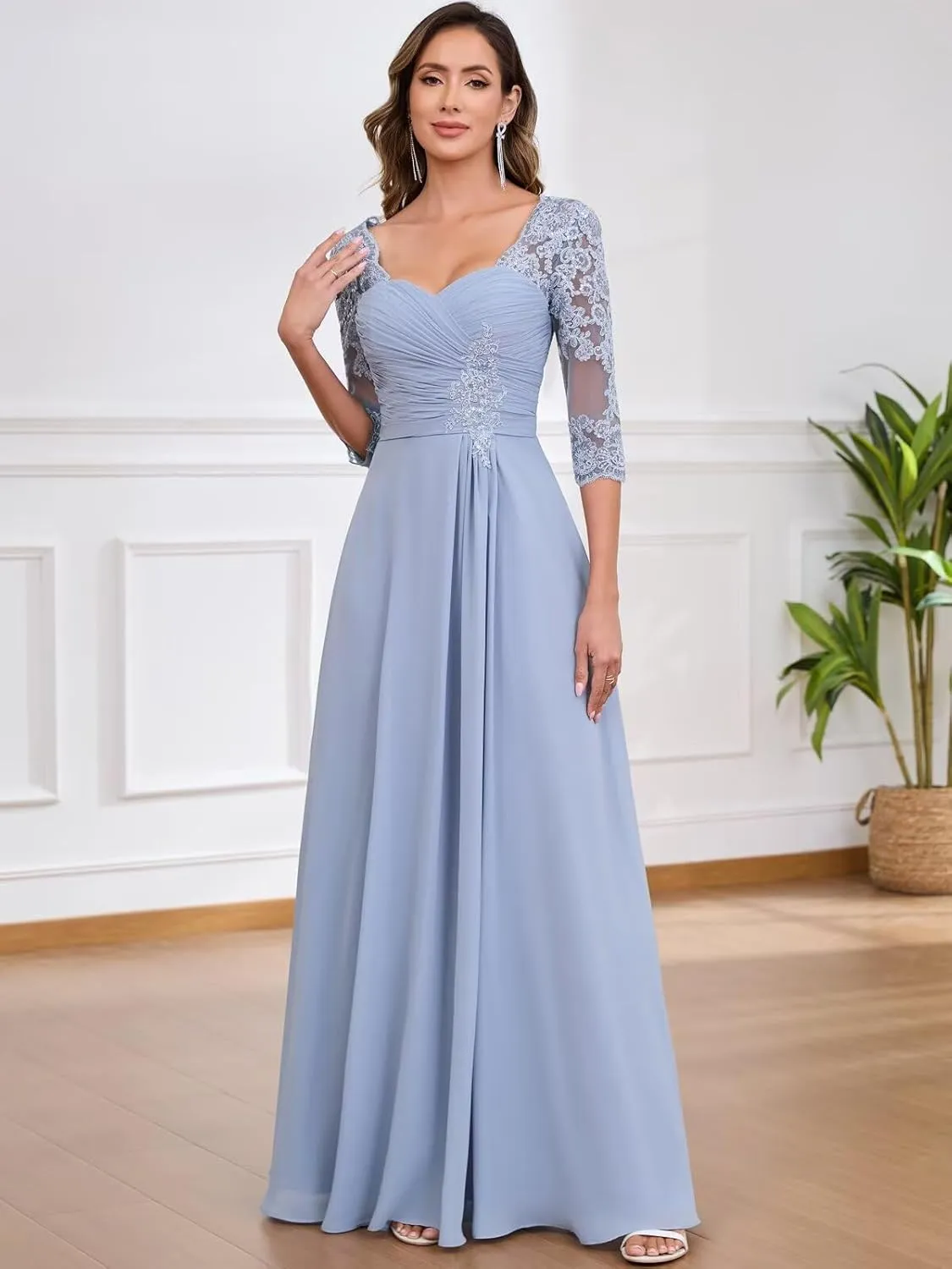 TORYEMY Mother of The Bride Dresses for Women Wedding 3/4 Sleeves Chiffon Lace Appliques Long Ruched Formal Evening Gown
