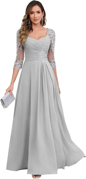 TORYEMY Mother of The Bride Dresses for Women Wedding 3/4 Sleeves Chiffon Lace Appliques Long Ruched Formal Evening Gown