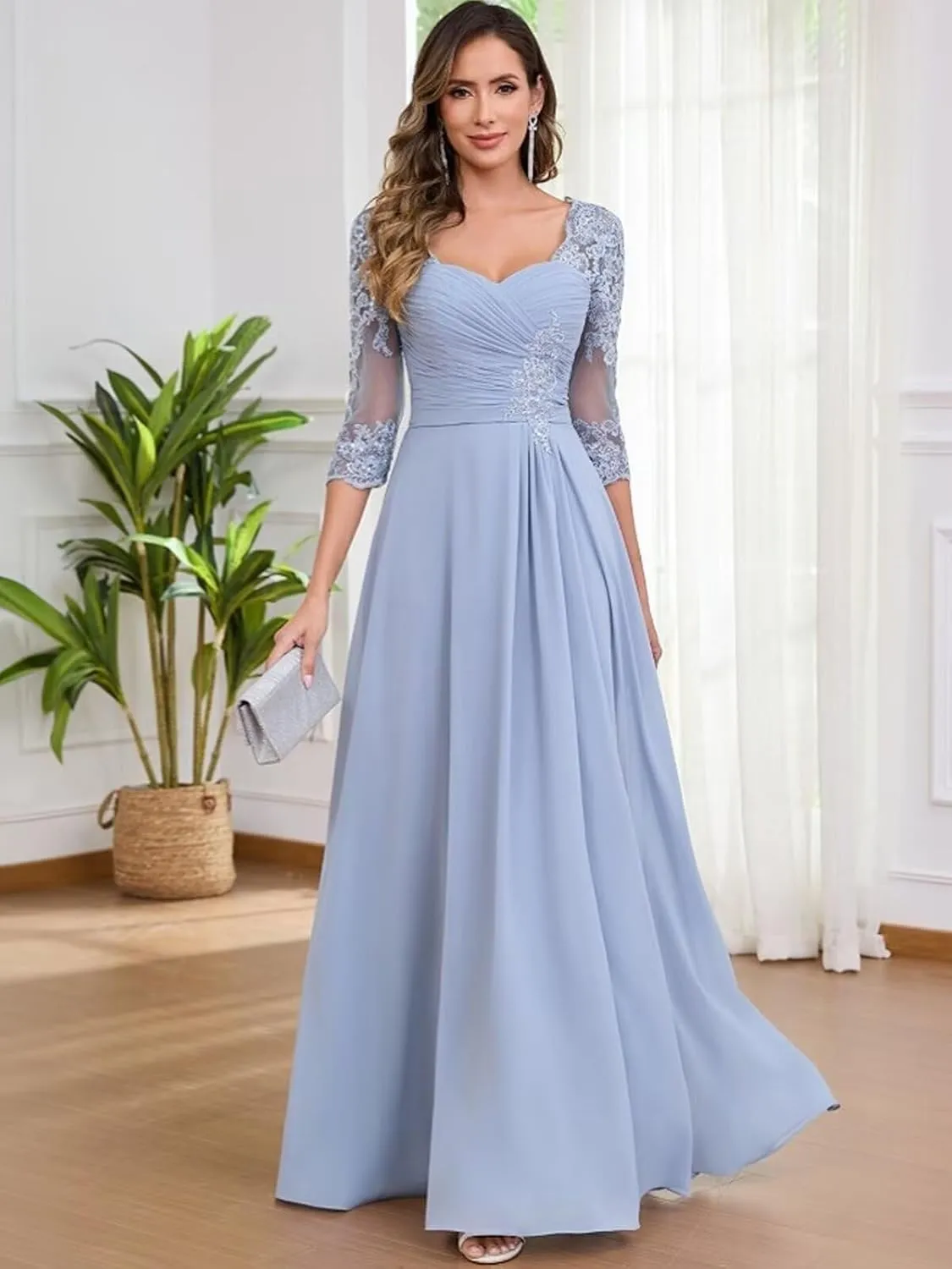 TORYEMY Mother of The Bride Dresses for Women Wedding 3/4 Sleeves Chiffon Lace Appliques Long Ruched Formal Evening Gown