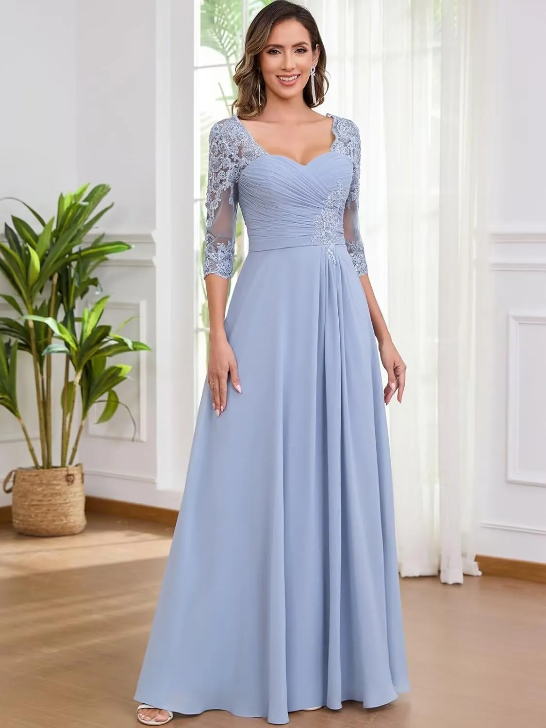 TORYEMY Mother of The Bride Dresses for Women Wedding 3/4 Sleeves Chiffon Lace Appliques Long Ruched Formal Evening Gown