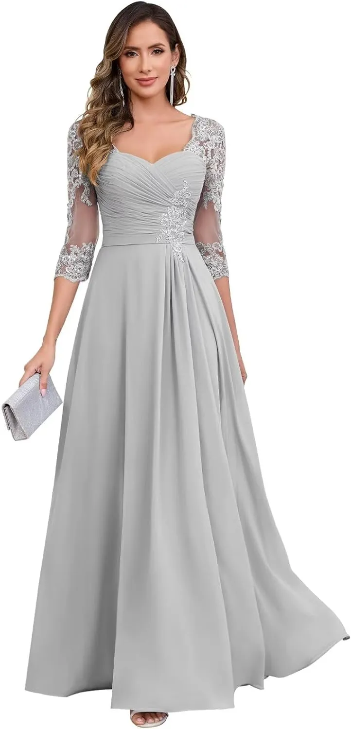TORYEMY Mother of The Bride Dresses for Women Wedding 3/4 Sleeves Chiffon Lace Appliques Long Ruched Formal Evening Gown