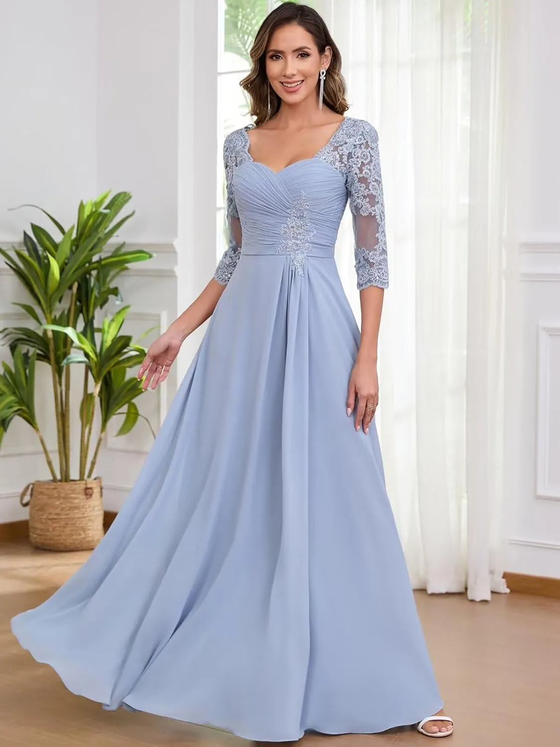 TORYEMY Mother of The Bride Dresses for Women Wedding 3/4 Sleeves Chiffon Lace Appliques Long Ruched Formal Evening Gown