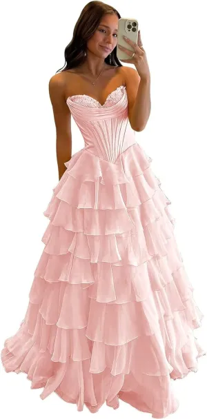 TORYEMY Strapless Corset Prom Dresses for Women 2025 Long Tiered Ruffle Chiffon Formal Evening Gown with Slit
