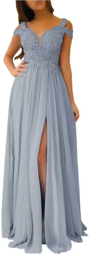 TRHTX Women's Chiffon Bridesmaid Dresses Long Cold Shoulder Formal Evening Gowns with Slit Lace Bodice Prom Party Dresses
