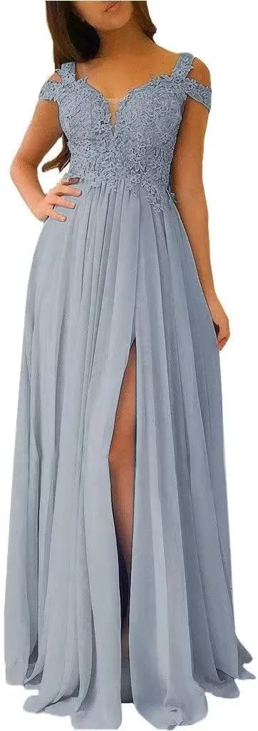 TRHTX Women's Chiffon Bridesmaid Dresses Long Cold Shoulder Formal Evening Gowns with Slit Lace Bodice Prom Party Dresses