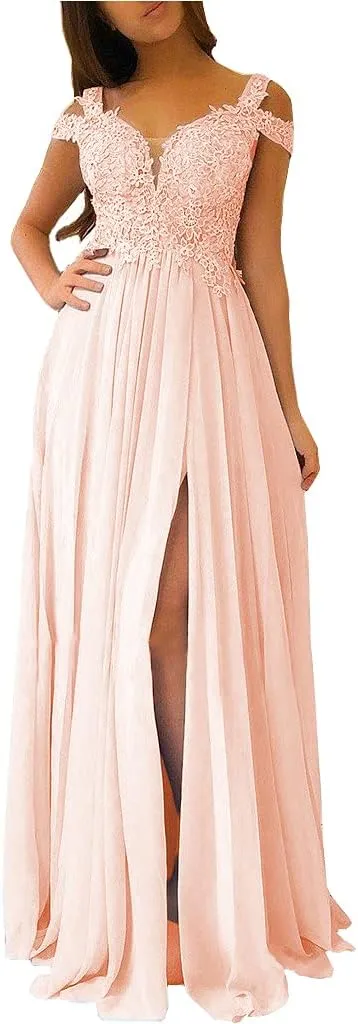 TRHTX Women's Chiffon Bridesmaid Dresses Long Cold Shoulder Formal Evening Gowns with Slit Lace Bodice Prom Party Dresses