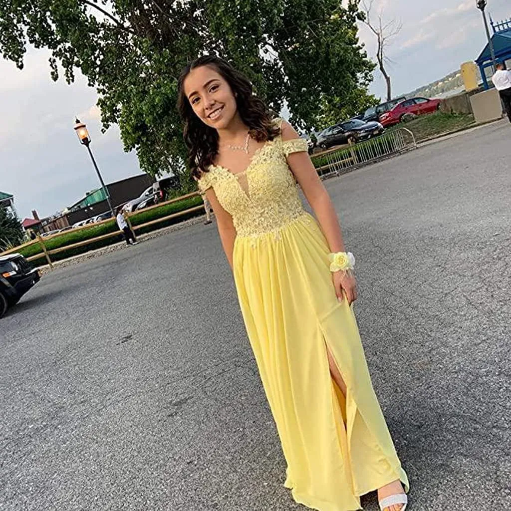 TRHTX Women's Chiffon Bridesmaid Dresses Long Cold Shoulder Formal Evening Gowns with Slit Lace Bodice Prom Party Dresses