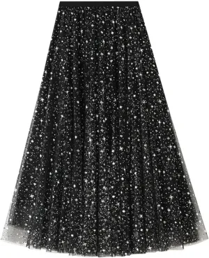 tuduoms Long Tulle Skirt Womens Sequin Glitter Party Skirt Pleated Aline Layered Tutu Skirt Mesh Flowy Midi Maxi Skirt Dress