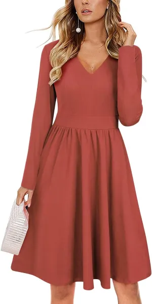 ULTRANICE Women's Fall Casual Long Sleeve Dresses V Neck Swing Midi Dress with Pockets