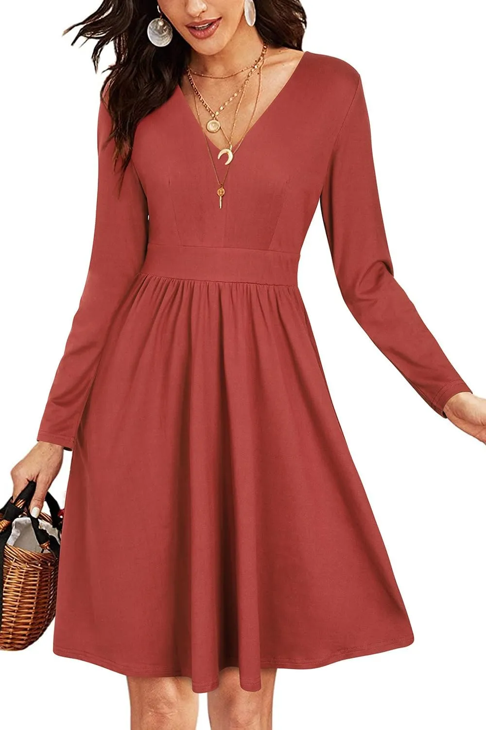 ULTRANICE Women's Fall Casual Long Sleeve Dresses V Neck Swing Midi Dress with Pockets
