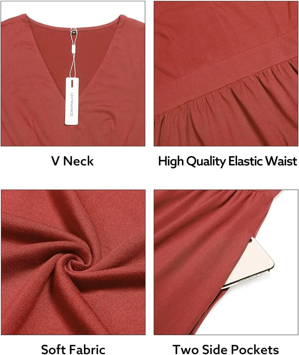 ULTRANICE Women's Fall Casual Long Sleeve Dresses V Neck Swing Midi Dress with Pockets