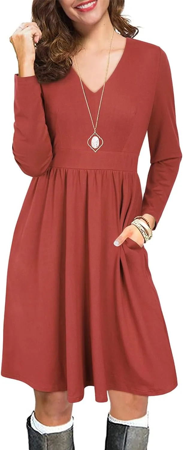 ULTRANICE Women's Fall Casual Long Sleeve Dresses V Neck Swing Midi Dress with Pockets