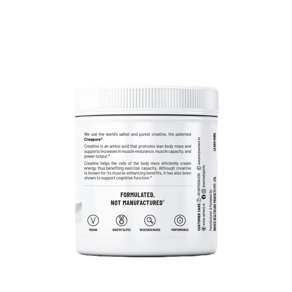 Unived Certified German Creapure | Micronised Creatine Monohydrate | Single Ingredient, Flavorless & Caffeine Free | 3g Per Serving. 83 servings, 250g Jar
