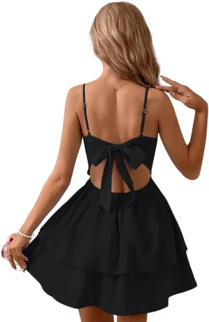 utcoco Womens 2025 Summer Casual Spaghetti Strap Mini Dress Bow Tie Back Cut Out Tiered A-Line Boho Sundress