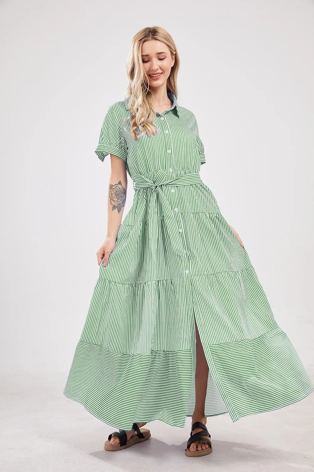 utcoco Womens Casual Short Sleeve Button Down Tie Waist Ruffled Striped Maxi Shirt Dress
