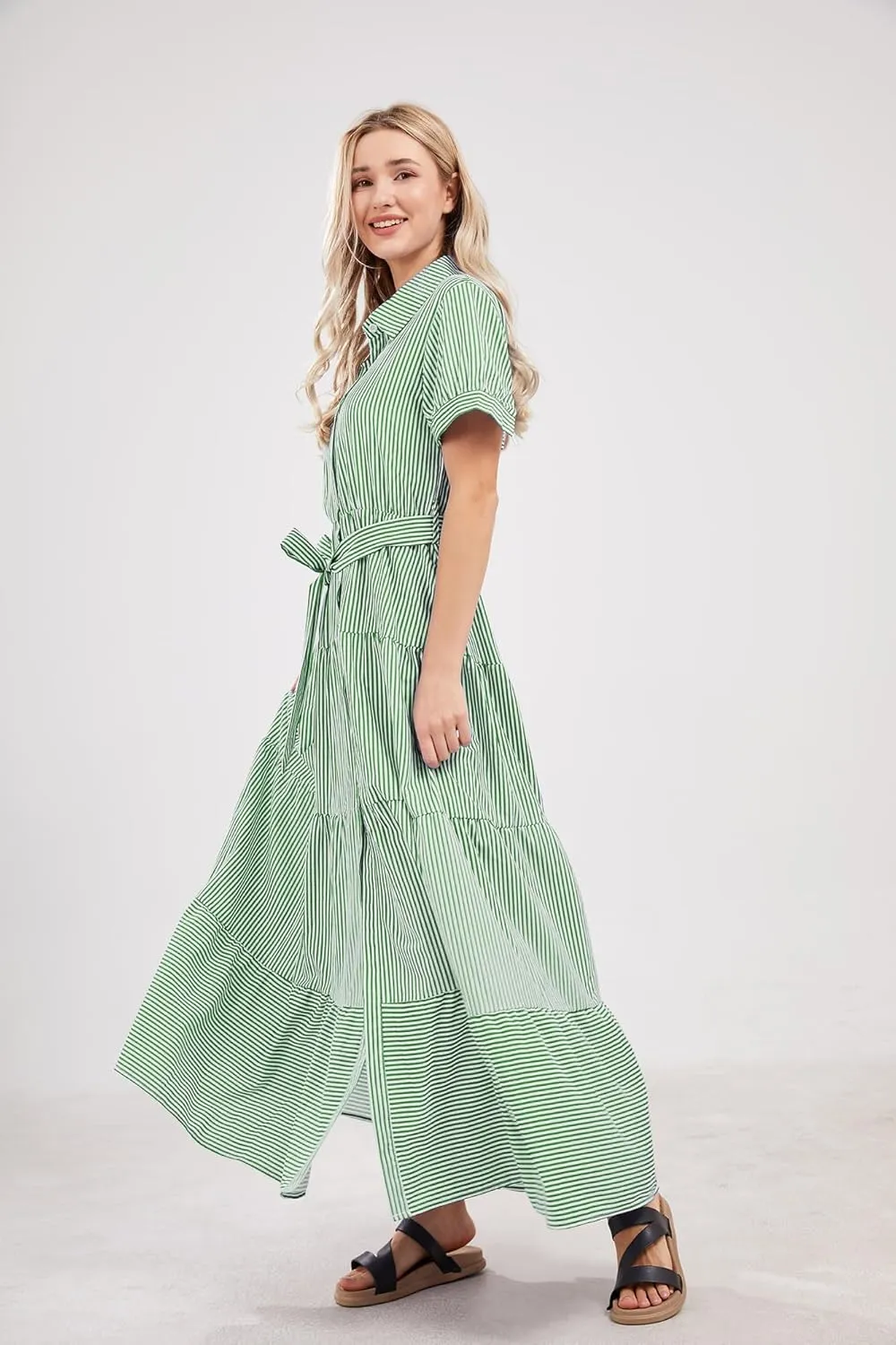 utcoco Womens Casual Short Sleeve Button Down Tie Waist Ruffled Striped Maxi Shirt Dress