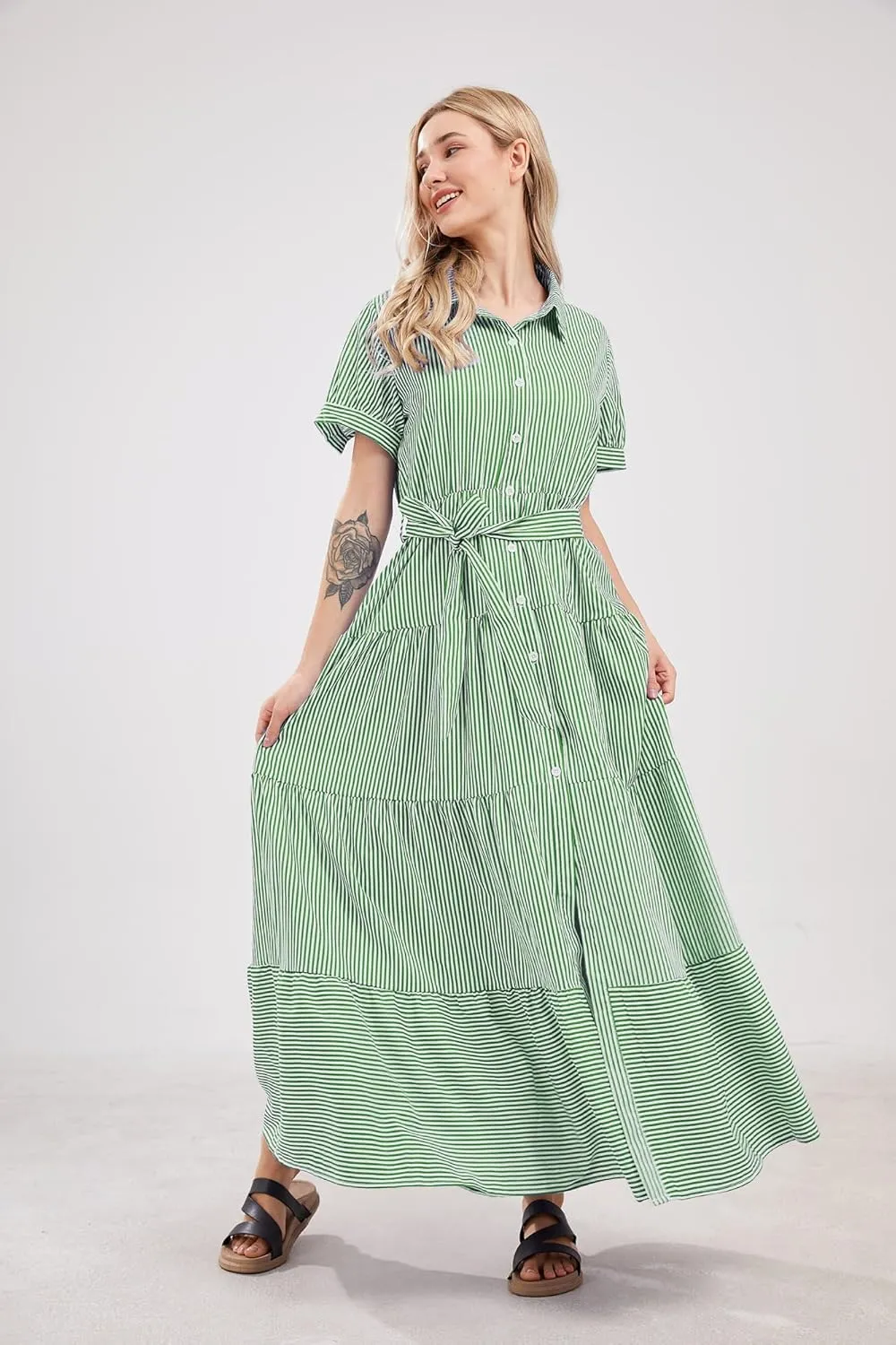 utcoco Womens Casual Short Sleeve Button Down Tie Waist Ruffled Striped Maxi Shirt Dress