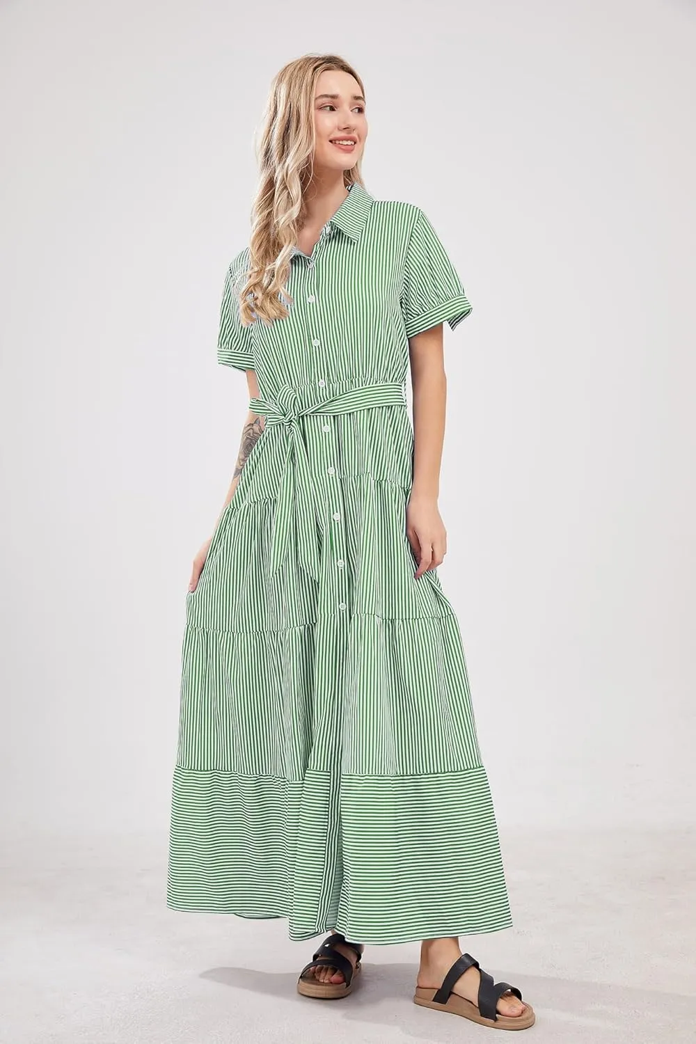 utcoco Womens Casual Short Sleeve Button Down Tie Waist Ruffled Striped Maxi Shirt Dress