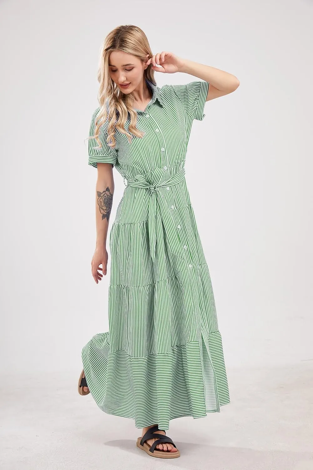 utcoco Womens Casual Short Sleeve Button Down Tie Waist Ruffled Striped Maxi Shirt Dress