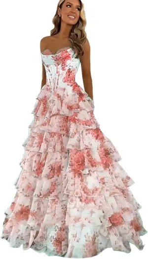 UZN Floral Print Tiered Prom Dresses 2025 with Slit Long Strapless Corset Formal Evening Party Gowns