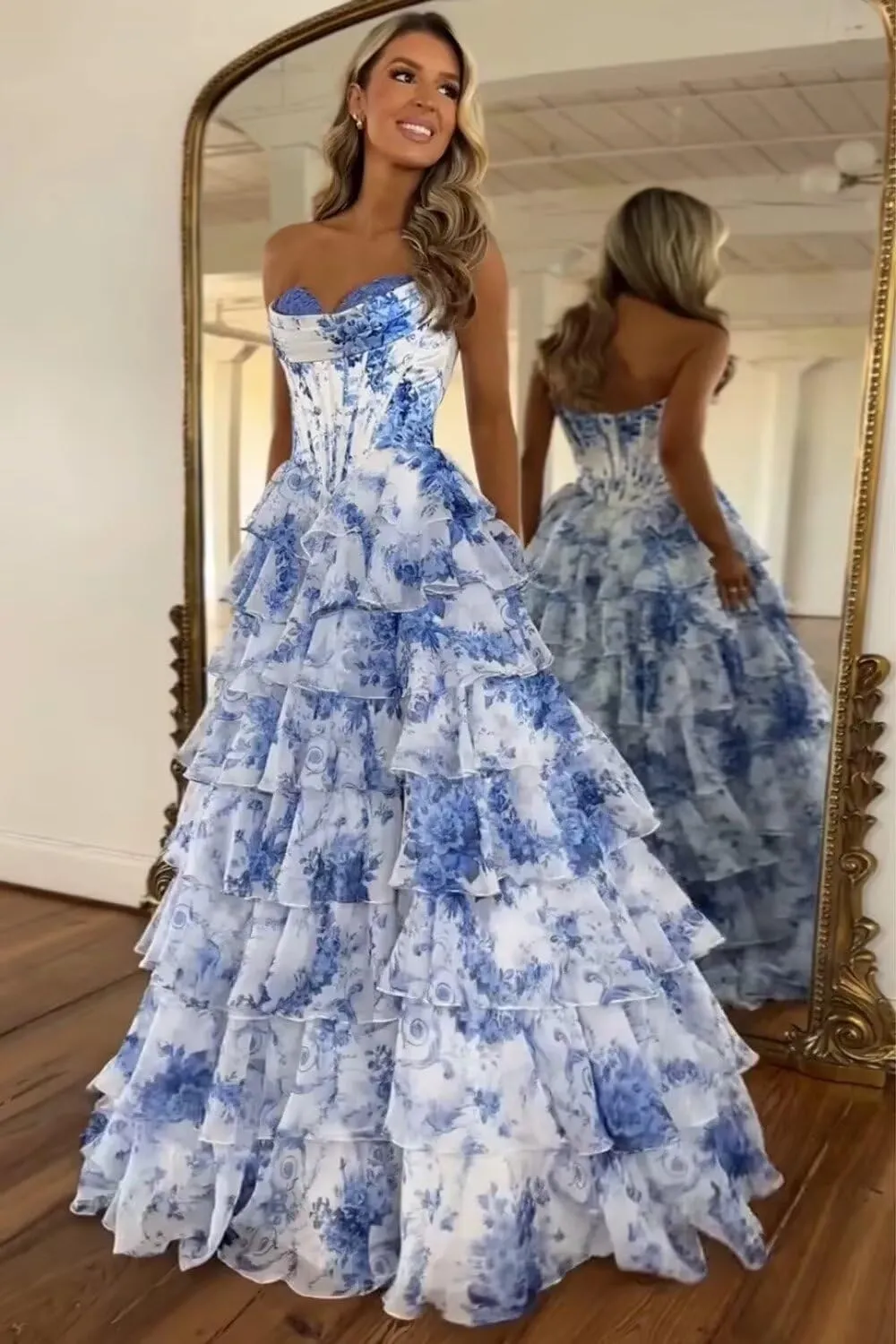 UZN Floral Print Tiered Prom Dresses 2025 with Slit Long Strapless Corset Formal Evening Party Gowns