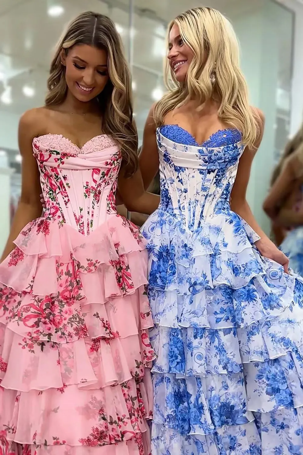 UZN Floral Print Tiered Prom Dresses 2025 with Slit Long Strapless Corset Formal Evening Party Gowns