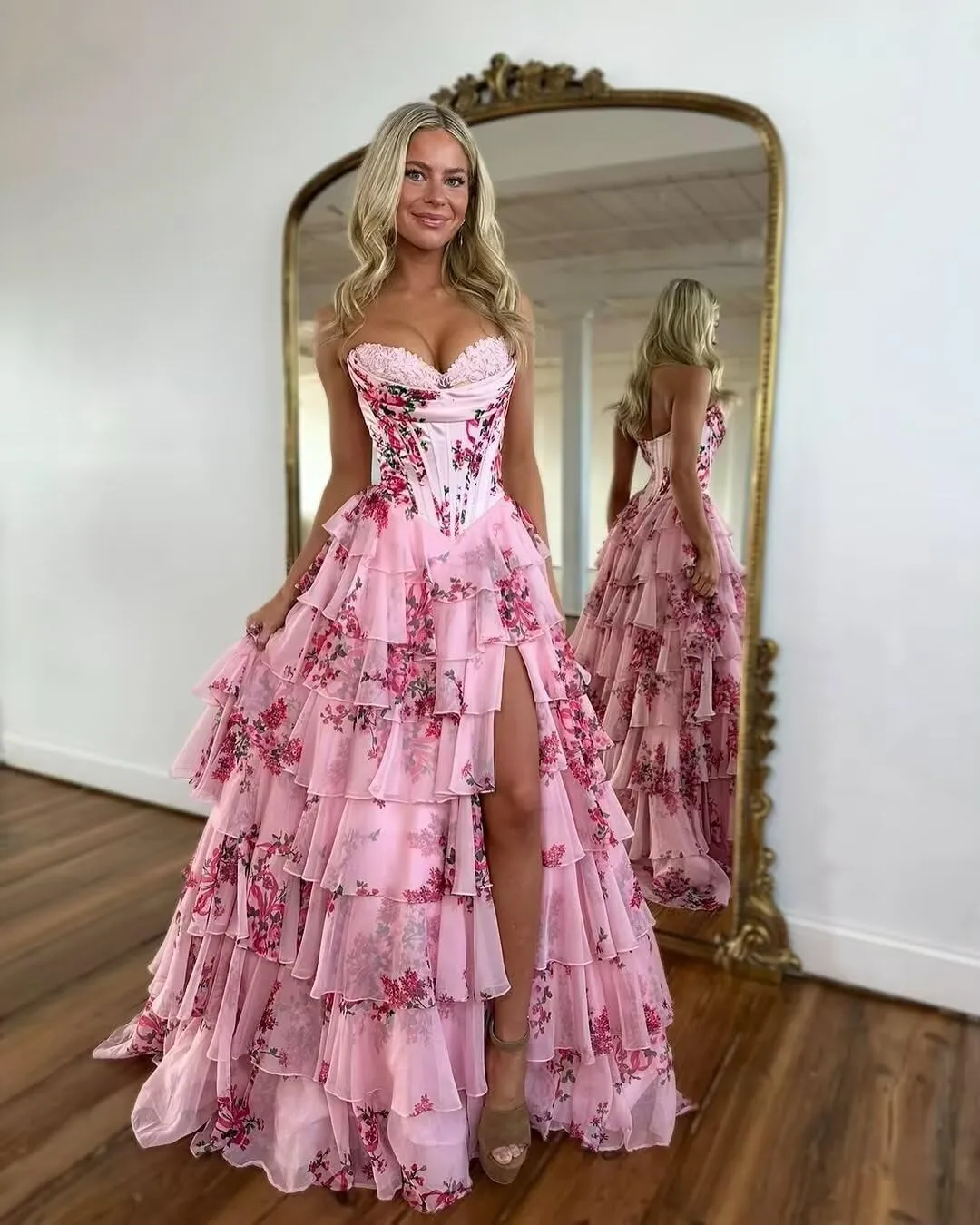 UZN Floral Print Tiered Prom Dresses 2025 with Slit Long Strapless Corset Formal Evening Party Gowns