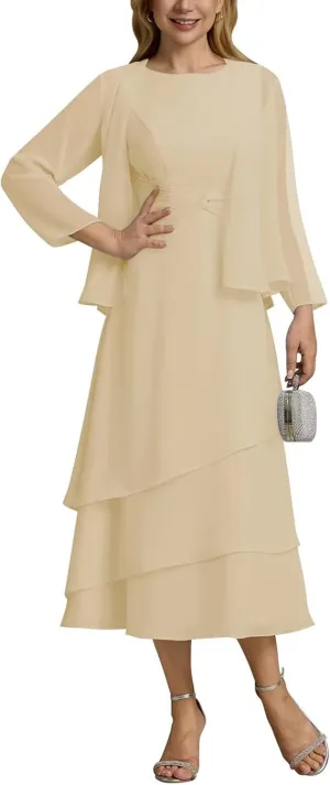 UZN Women's Long Mother of The Bride Dresses for Wedding Chiffon V Neck Long Sleeve Formal Evening Dress