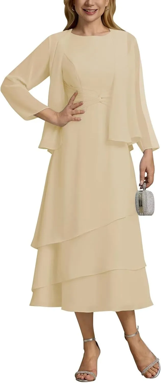 UZN Women's Long Mother of The Bride Dresses for Wedding Chiffon V Neck Long Sleeve Formal Evening Dress