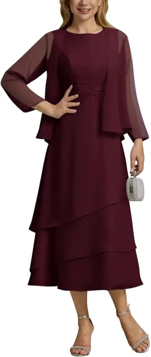 UZN Women's Long Mother of The Bride Dresses for Wedding Chiffon V Neck Long Sleeve Formal Evening Dress