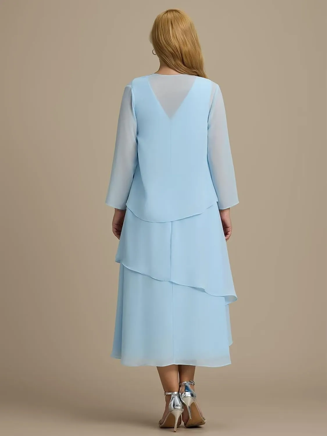 UZN Women's Long Mother of The Bride Dresses for Wedding Chiffon V Neck Long Sleeve Formal Evening Dress