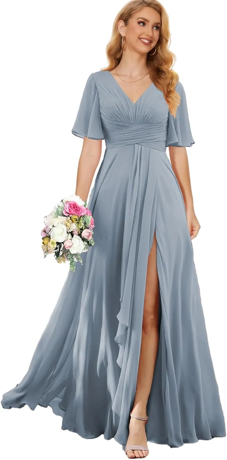 V Neck Bridesmaid Dresses for Wedding Chiffon Wedding Guest Dress with Sleeves Long Formal Gown