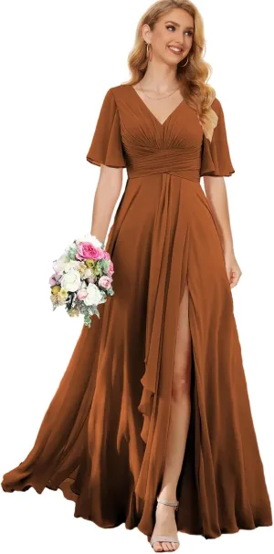 V Neck Bridesmaid Dresses for Wedding Chiffon Wedding Guest Dress with Sleeves Long Formal Gown