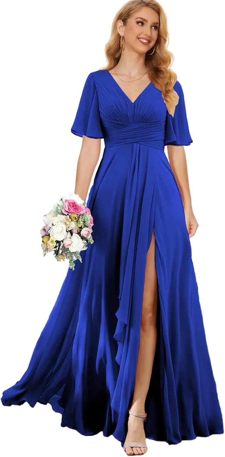 V Neck Bridesmaid Dresses for Wedding Chiffon Wedding Guest Dress with Sleeves Long Formal Gown