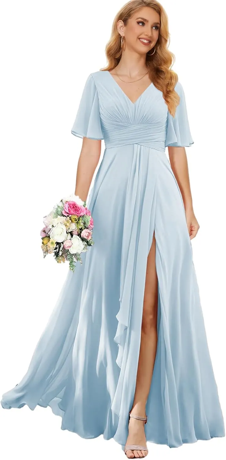 V Neck Bridesmaid Dresses for Wedding Chiffon Wedding Guest Dress with Sleeves Long Formal Gown