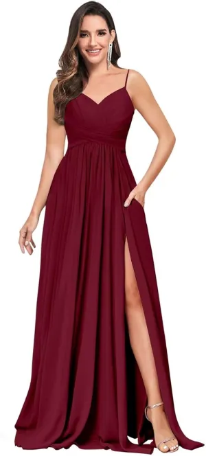V Neck Bridesmaid Dresses for Women Long with Slit Chiffon Spaghetti Strap Pleated Formal Wedding Gown