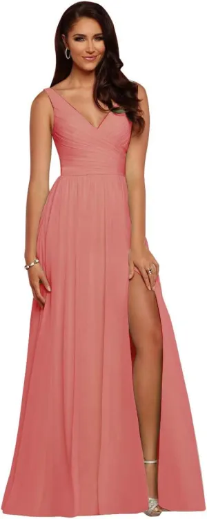V Neck Bridesmaid Dresses Long Split Chiffon Pleated Wedding Evening Prom Gown for Women Coral Size 20