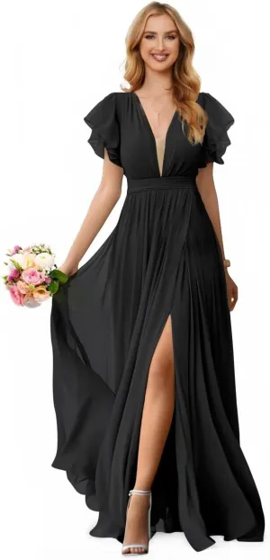 V Neck Bridesmaid Dresses with Ruffle Sleeve for Wedding Long Slit Chiffon Formal Evening Gown for Women