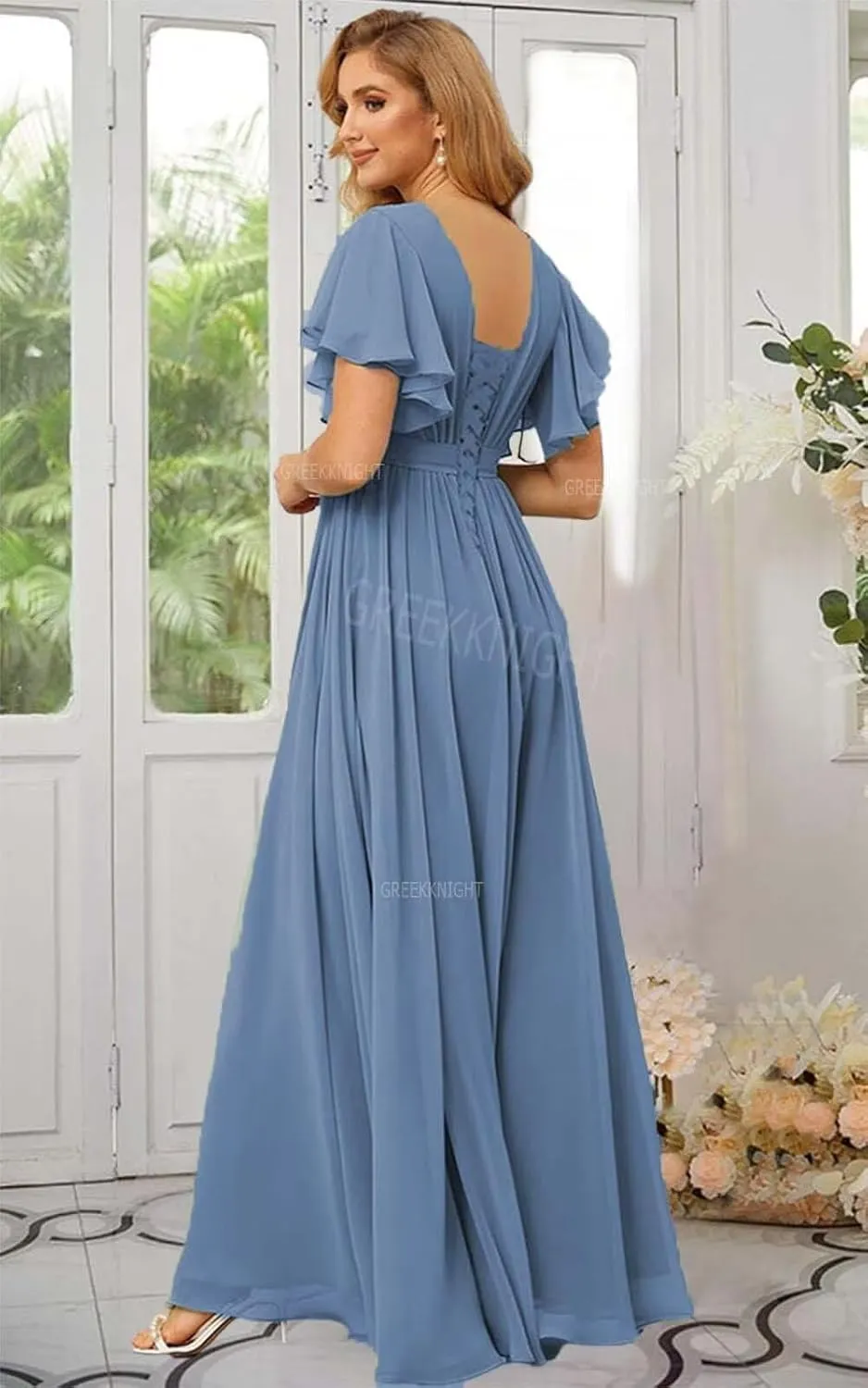 V Neck Bridesmaid Dresses with Ruffle Sleeve for Wedding Long Slit Chiffon Formal Evening Gown for Women