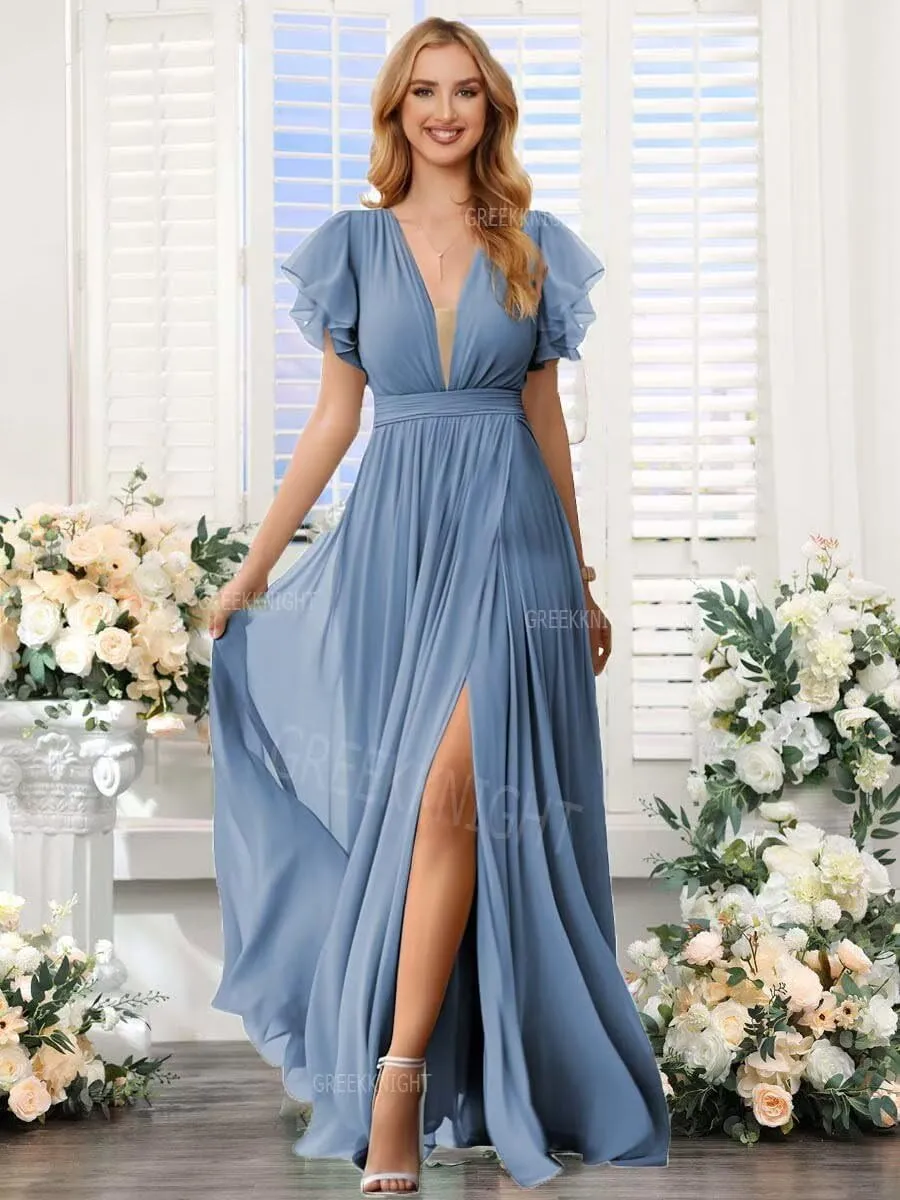 V Neck Bridesmaid Dresses with Ruffle Sleeve for Wedding Long Slit Chiffon Formal Evening Gown for Women