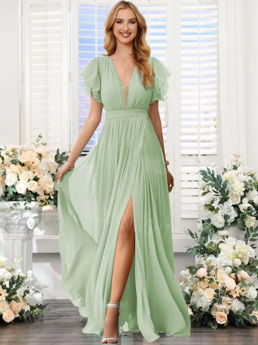 V Neck Bridesmaid Dresses with Ruffle Sleeve for Wedding Long Slit Chiffon Formal Evening Gown for Women