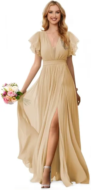 V Neck Bridesmaid Dresses with Ruffle Sleeve for Wedding Long Slit Chiffon Formal Evening Gown for Women
