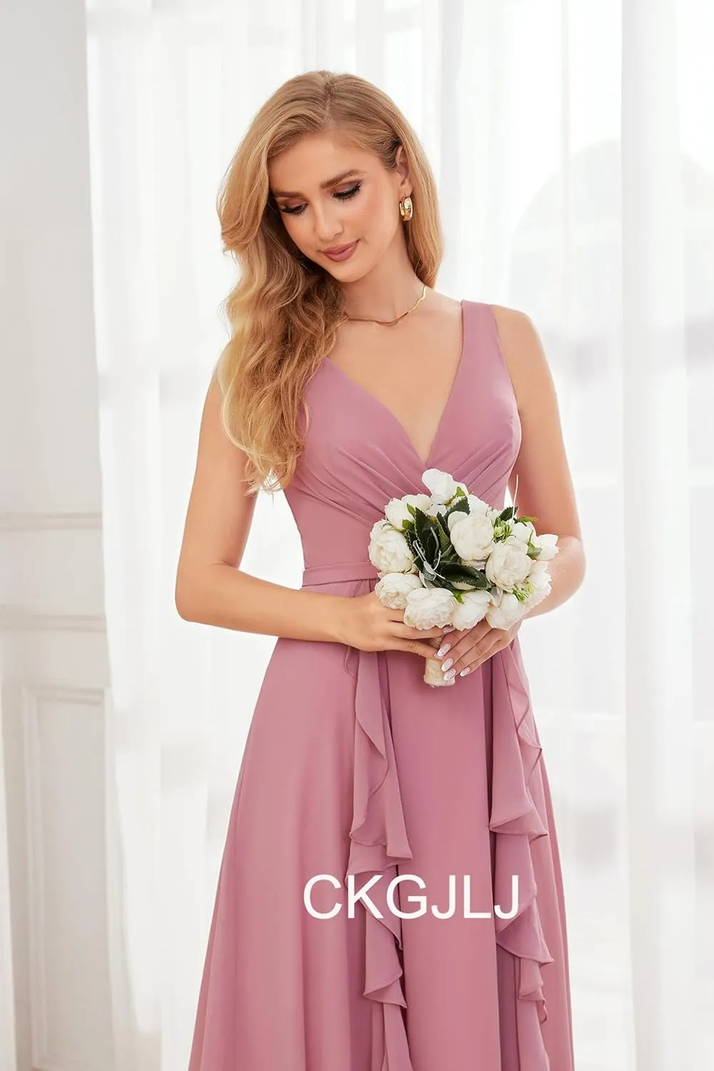 V Neck Chiffon Bridesmaid Dresses for Women 2025 Ruffles Formal Evening Gown Long Wedding Party Prom Dresses