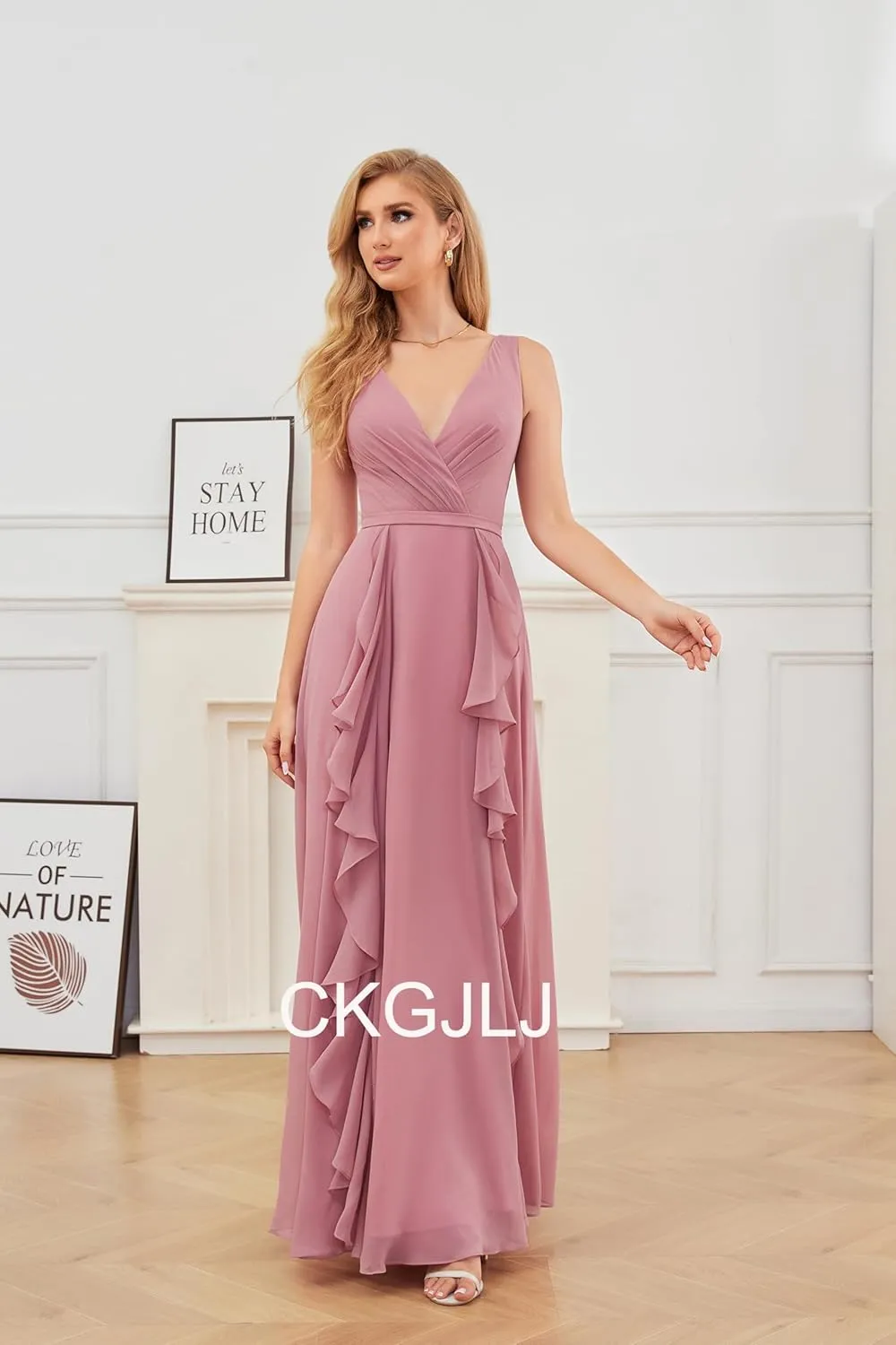 V Neck Chiffon Bridesmaid Dresses for Women 2025 Ruffles Formal Evening Gown Long Wedding Party Prom Dresses